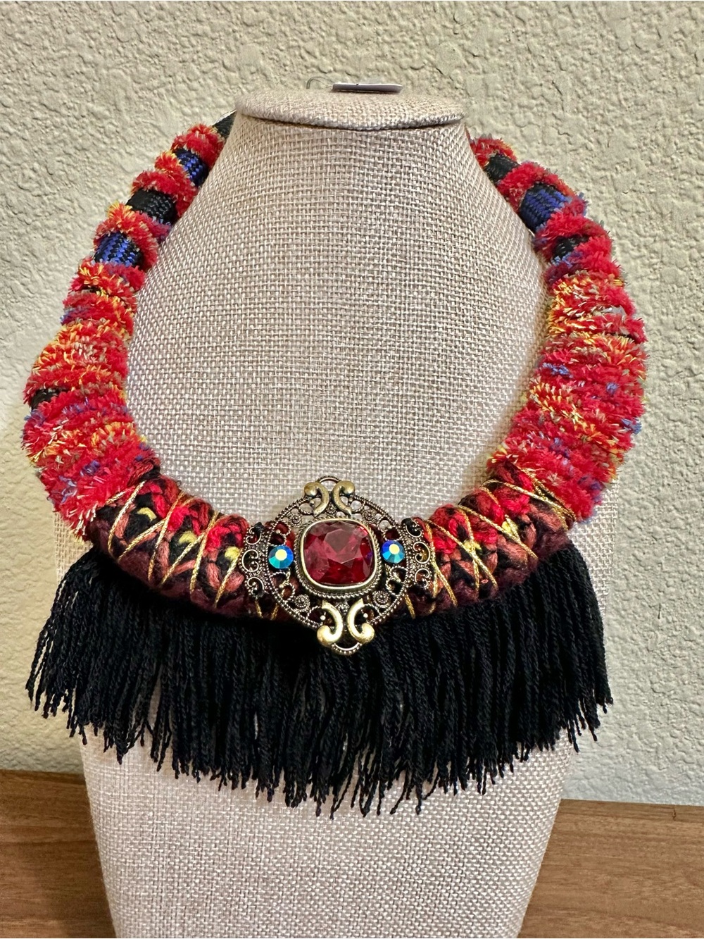 16”-18” Vintage Makarlon Handcrafted Necklace w/ Black Fringe